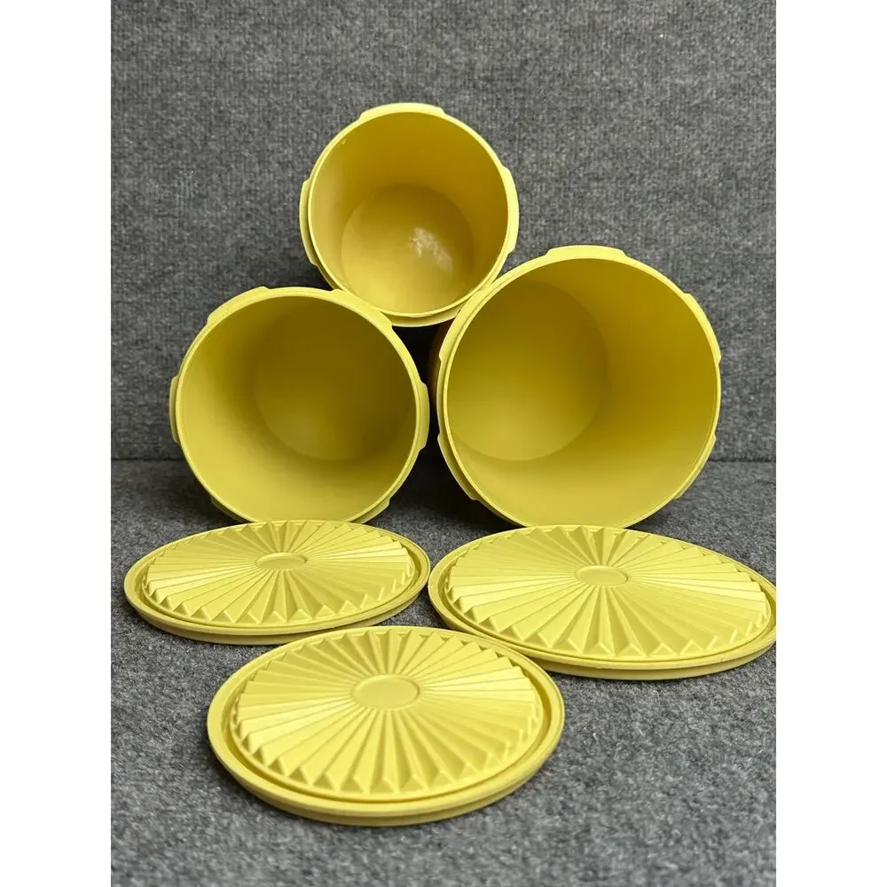 Vintage 70s Tupperware Servalier nesting canister set 3 starburst butter yellow